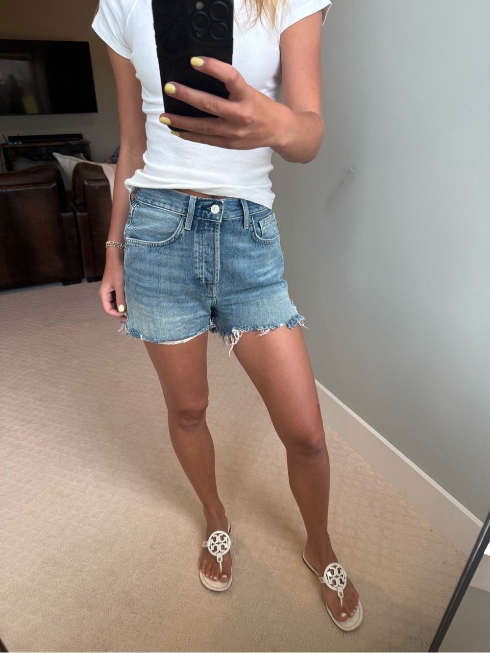 Classic Blue Frayed Hem Denim Shorts - Women